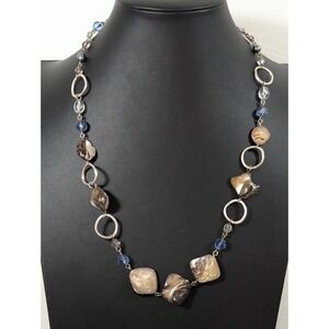 Lia Sophia Blue Glass Shell Bead Necklace Silver Tone Boho 24 in